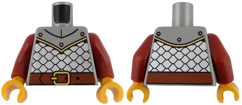Torso Silver Armor, Reddish Brown Belt with Gold Buckle, Panel with 3 Rivets Pattern / Dark Red Arms / Pearl Gold Hands: {сребърно метален}