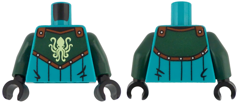 Torso Surcoat, Dark Green Chest Armor with Yellowish Green Kraken, Reddish Brown and Silver Trim Pattern / Dark Green Arms / Black Hands: {ярко синьо-зелен}