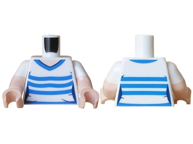 Torso Female T-Shirt, Light Nougat Neck, Blue Collar and Stripes Pattern / Light Nougat Arms with Molded White Short Sleeves / Light Nougat Hands: {бял}