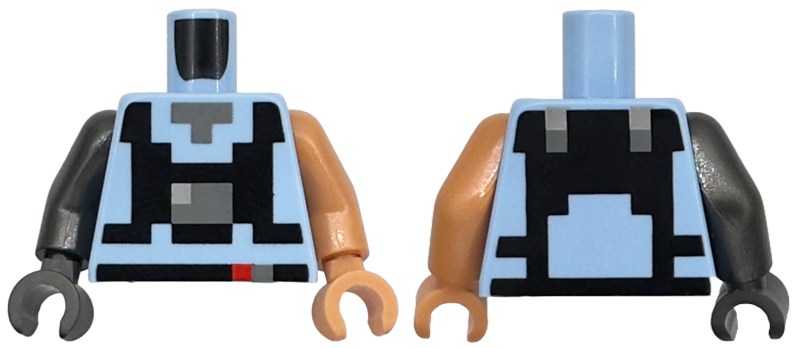 Torso Pixelated Dark Bluish Gray Neck, Black Straps and Belt with Red and Dark Bluish Gray Squares Pattern / Nougat Arm Left / Pearl Dark Gray Arm Right / Nougat Hand Left / Pearl Dark Gray Hand Right: {светло кралско син}