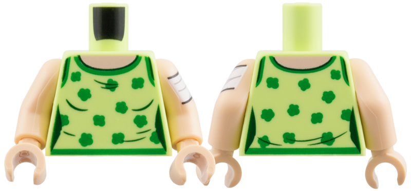 Torso Female Tank Top, Light Nougat Neck, Green Hems and Shamrocks Pattern / Light Nougat Arm Left with White Bandage Pattern / Light Nougat Arm Right / Light Nougat Hands: {пролетно жълто-зелен}