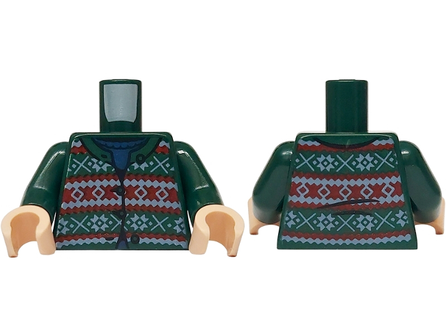 Torso Fair Isle Cardigan Sweater with Red and White Stripes across Top, Middle and Bottom over Blue Shirt Pattern / Dark Green Arms / Light Nougat Hands: {земно зелен}