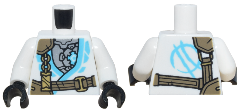 Torso Tunic with Medium Azure Trim, Silver Mechanical Armor, Dark Tan Strap, Gold Clasp and Charm with Ninjago Logogram Letter Z Pattern / White Arms / Black Hands: {бял}