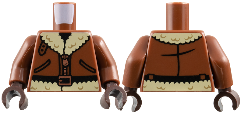 Torso Aviator Bomber Jacket with Pockets, Copper Zipper and Tan Fur Collar and Lining, Black Belt with Buckle Pattern / Reddish Brown Arms / Dark Brown Hands: {червеникаво-кафяв}