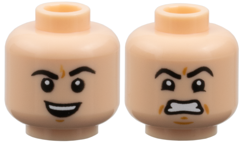 Minifigure, Head Dual Sided Black Eyebrows, Medium Nougat Dimples, Open Mouth Smile with Top Teeth and Raised Eyebrow / Scowl Pattern: {светло нуга}