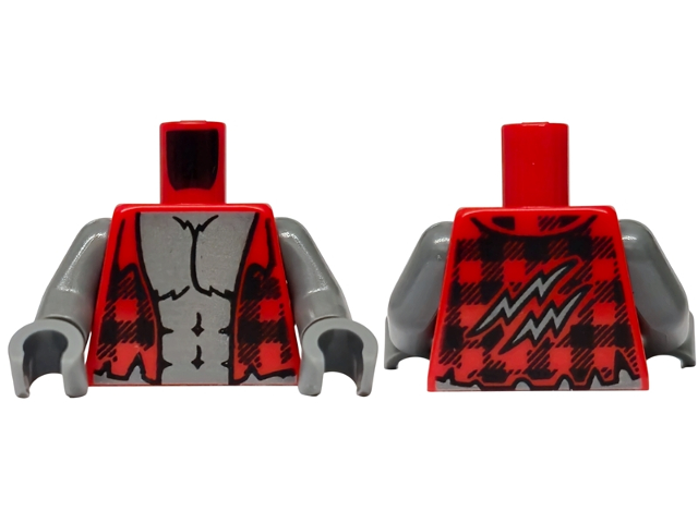 Torso Torn Flannel Shirt Open, Black Plaid, Dark Bluish Gray Bare Chest with Fur and Muscles Outline Pattern / Dark Bluish Gray Arms / Dark Bluish Gray Hands: {ярко червен}