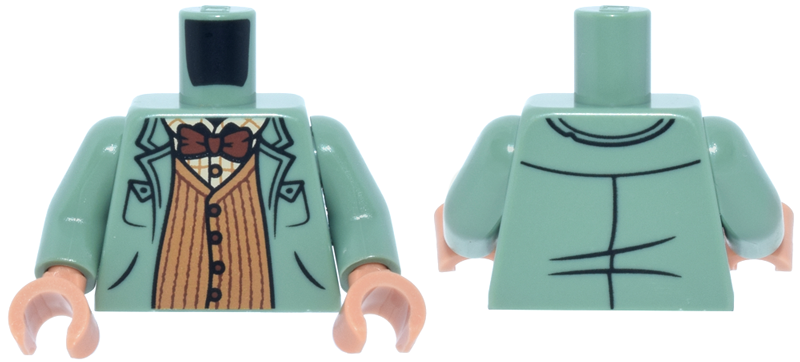 Torso Overcoat over Medium Nougat Striped Sweater Vest, Tan Plaid Shirt, and Reddish Brown Bow Tie Pattern / Sand Green Arms / Nougat Hands: {пясъчно зелен}