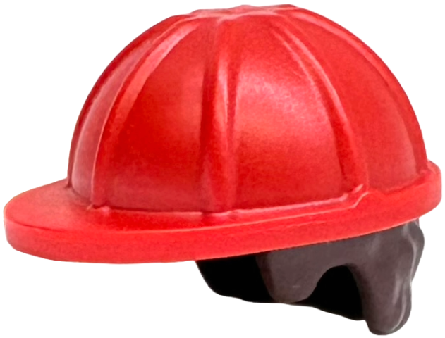 Minifigure, Hair Combo, Hat with Hair, Construction Helmet with Molded Dark Brown Short Curly Hair Pattern: {ярко червен}