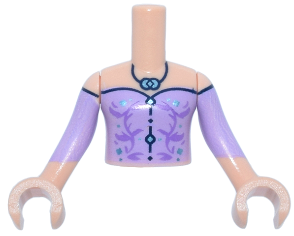 Torso Mini Doll Girl Lavender Off the Shoulder Top, Medium Lavender Filigree, Dark Blue Trim and Necklace, Metallic Light Blue Pendant Pattern, Light Nougat Arms with Hands with Lavender Sleeves: {светло нуга}