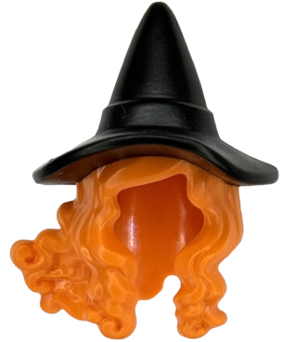 Minifigure, Hair Combo, Hair with Hat, Long Hair with 2 Braids over Shoulders with Molded Black Witch Hat Pattern (BAM): {ярко оранжев}