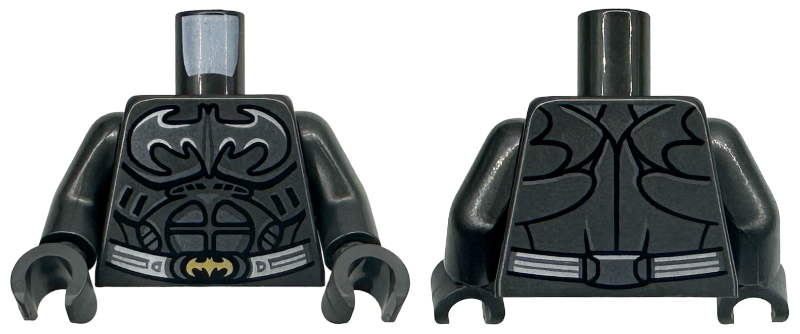 Torso Batman Logo, Black Armor Contour Lines, Silver Highlights and Utility Belt with Gold Buckle Pattern / Pearl Dark Gray Arms / Pearl Dark Gray Hands: {титаниево метален}