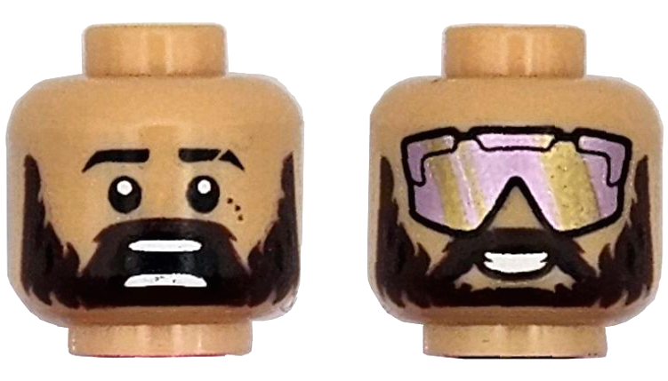 Minifigure, Head Dual Sided Black Eyebrows, Scar, Dark Brown Moustache, Full Beard, Scared Open Mouth with Teeth Parted / Open Mouth Smile, Metallic Pink and Gold Sunglasses Pattern: {умерен тан}