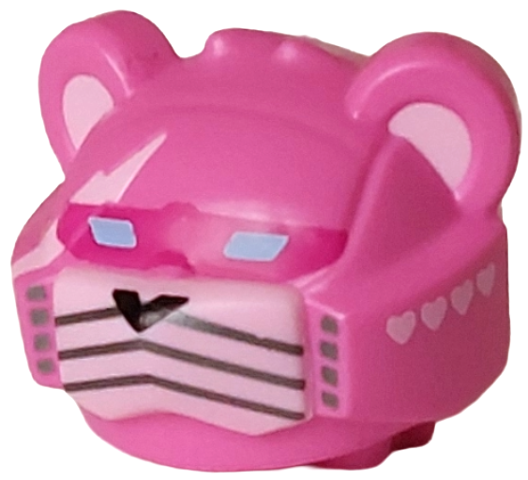 Minifigure, Head, Modified Robot with Ears with Molded Bright Pink Muzzle, Lightning Bolt and Inner Ears and Printed Hearts, Magenta Visor, Bright Light Blue Lenses, Black Nose, Pearl Dark Gray Squares and Whiskers Pattern: {ярко пурпурен}