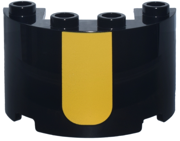 Cylinder Half 2 x 4 x 2 with 1 x 2 Cutout with Yellow Rectangle with Rounded Lower Edge Pattern: {черен}