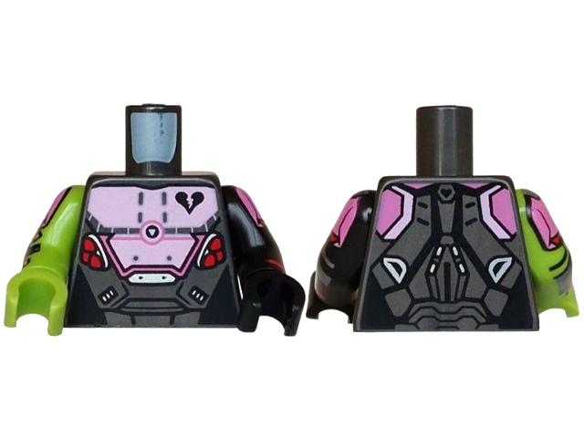 Torso Armor with Bright Pink and Silver Breastplate, Black Broken Heart, Dark Pink Shoulders, Red Bullets Pattern / Black Arm Left with Dark Pink Shoulder, Silver Armor Pattern / Lime Arm Right with Dark Pink Shoulder, Silver Armor Pattern / Black Hand Le: {титаниево метален}