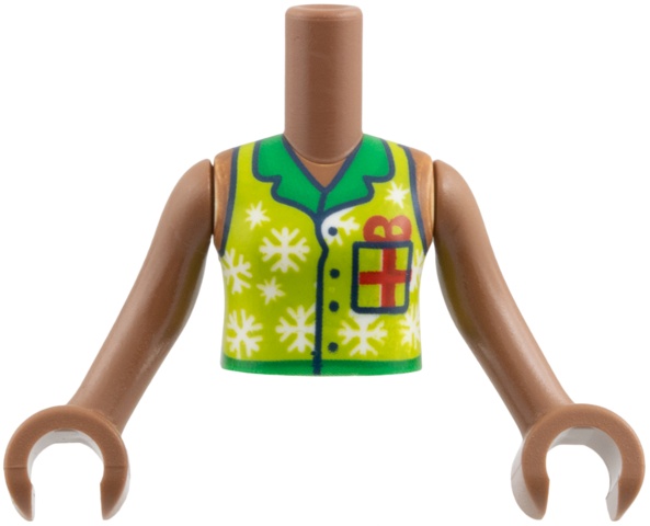 Torso Mini Doll Girl Lime Vest with Buttons, Green Collar, White Snowflakes, Dark Blue Gift, Red Bow Pattern, Medium Brown Arms with Hands: {умерено кафяв}