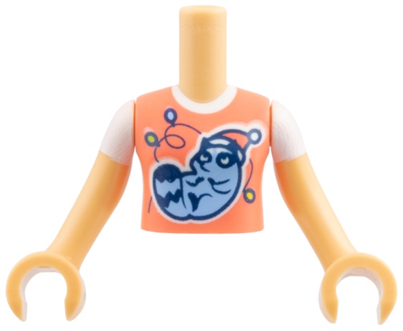 Torso Mini Doll Girl Coral Top with Bright Light Blue Raccoon with Santa Hat over White T-Shirt Pattern, Medium Tan Arms with Hands with White Short Sleeves: {умерен тан}