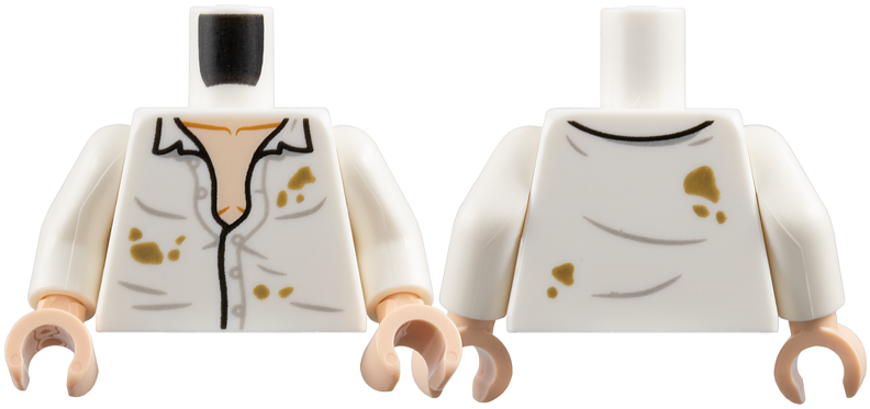 Torso Button Up Shirt Partially Open, Light Bluish Gray Creases, Dark Tan Dirt Stains, Light Nougat Chest Pattern / White Arms / Light Nougat Hands: {бял}