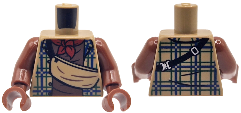 Torso Plaid Shirt Open with Blue Lines, Shoulder Bag with Black Strap, Reddish Brown Undershirt and Dark Red Scarf Pattern / Reddish Brown Arms / Reddish Brown Hands: {пясъчно жълт}