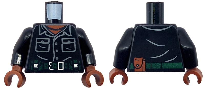 Torso Shirt, Dark Bluish Gray Pockets and Buttons, Dark Green Belt with Silver Buckle, Pouch, Reddish Brown Neck, Pearl Necklace Pattern / Black Arms / Reddish Brown Hands: {черен}