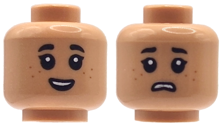Minifigure, Head Dual Sided Child Black Eyebrows, Single Eyelashes, Dark Orange Freckles, Open Mouth Smile / Frown Pattern: {нуга}