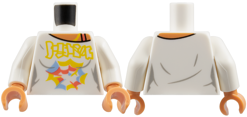 Torso Female Shirt with Yellow, Coral, and Bright Light Blue Markings, Nougat Neck and Shoulder with Strap Pattern / White Arms / Nougat Hands: {бял}