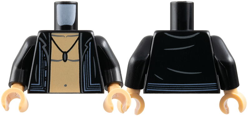 Torso Shirt Open with Sand Blue Lines, Medium Tan Bare Chest, Dark Bluish Gray Muscles Outline, Pendant Necklace Pattern / Black Arms / Medium Tan Hands: {черен}