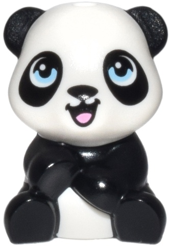 Panda, Mini Doll Style, Baby Cub, Sitting with Molded White Head and Body and Printed Black Nose and Eye Patches and Bright Light Blue Eyes, Open Mouth with Bright Pink Tongue Pattern (Friends BaoBao): {черен}