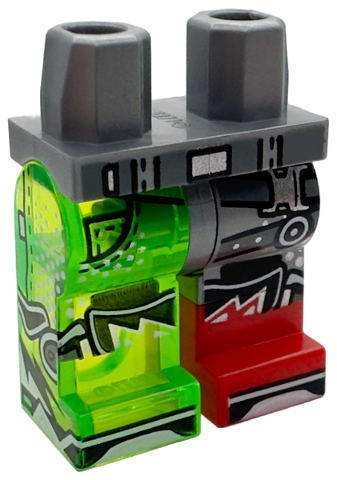 Hips and 1 Flat Silver Left Leg, 1 Trans-Bright Green Right Leg with Molded Red Lower Leg / Boot Left and Printed Belt and Straps with Silver Buckles, Pocket, Black Shapes, Shoe Tips Pattern: {сребърно метален}