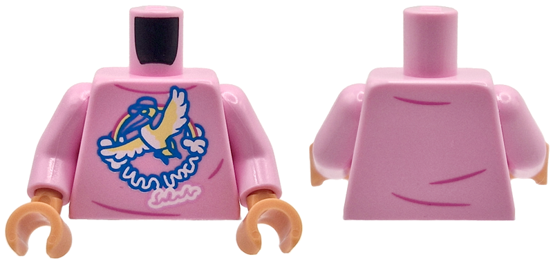Torso Female Shirt with Blue, Yellow and White Bird, Rainbow, and Writing, Dark Pink Creases Pattern / Bright Pink Arms / Nougat Hands: {светло пурпурен}