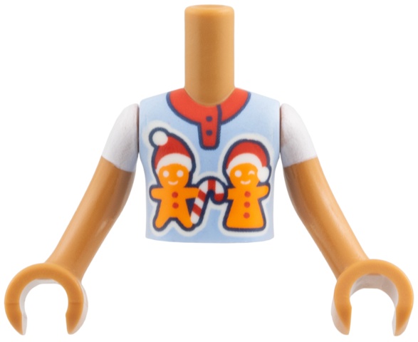 Torso Mini Doll Boy Bright Light Blue Shirt, Red Collar, Black Buttons, Orange Gingerbread Men with Santa Hats Pattern, Medium Nougat Arms with Hands with White Short Sleeves: {умерен нуга}