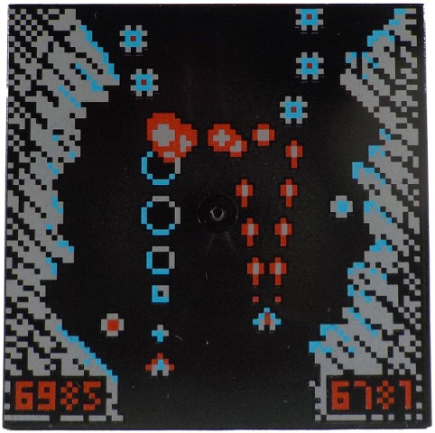 Tile 6 x 6 with Bottom Tubes with Screen with Pixelated Light Bluish Gray, Medium Azure and Red Arcade Game, '6985' and '6781' Pattern: {черен}