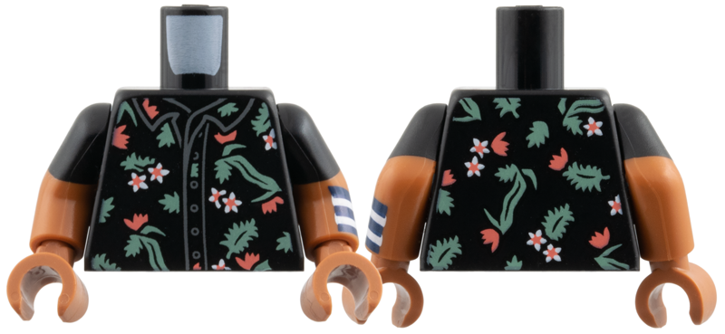 Torso Button Up Shirt with White and Coral Flowers, Sand Green Leaves Pattern / Sienna Arm Left with Molded Black Short Sleeve and Printed Dark Blue and White Cuff Pattern / Sienna Arm Right with Molded Black Short Sleeve Pattern / Sienna Hands: {черен}