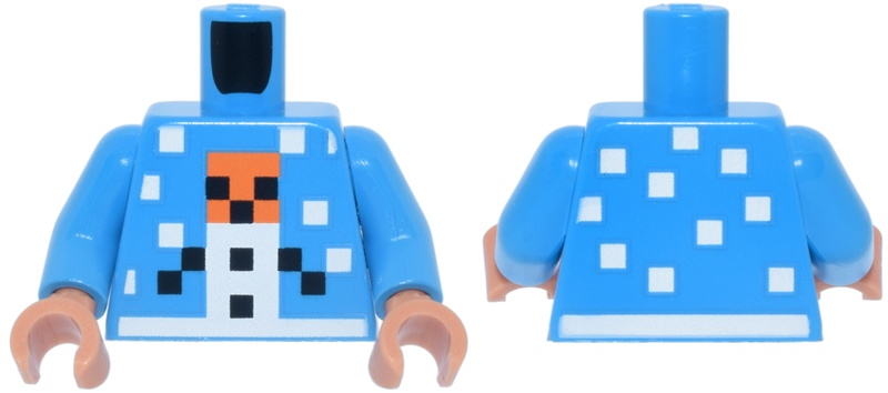 Torso Pixelated Holiday Sweater with White, Orange and Black Snow Golem and Snowflakes Pattern / Dark Azure Arms / Nougat Hands: {тъмно небесносин}