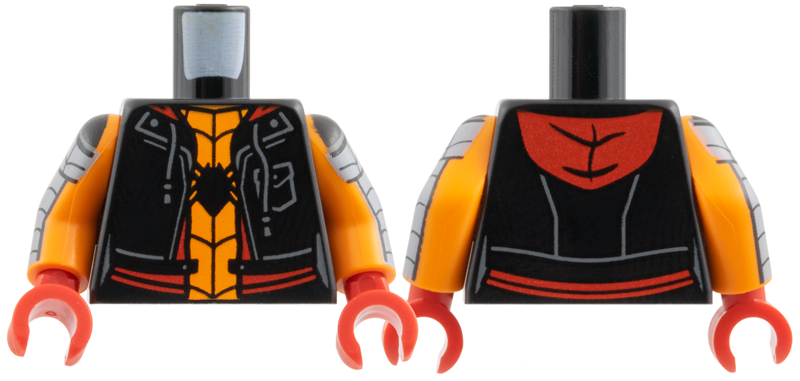 Torso Hoodie Vest with Pocket and Drawstrings, Red Trim and Hood, Orange Shirt, Black Spider and Webbing Pattern / Orange Arms with Dark Bluish Gray Armor and Black Webbing Pattern / Red Hands: {черен}