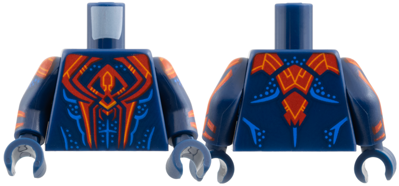 Torso Large Red Spider, Orange Trim, Blue Muscle Contours and Dots Pattern / Dark Blue Arms with Red Pauldron, Cuff, and Stripe, Orange Trim and Blue Dots Pattern / Dark Blue Hands: {земно син}