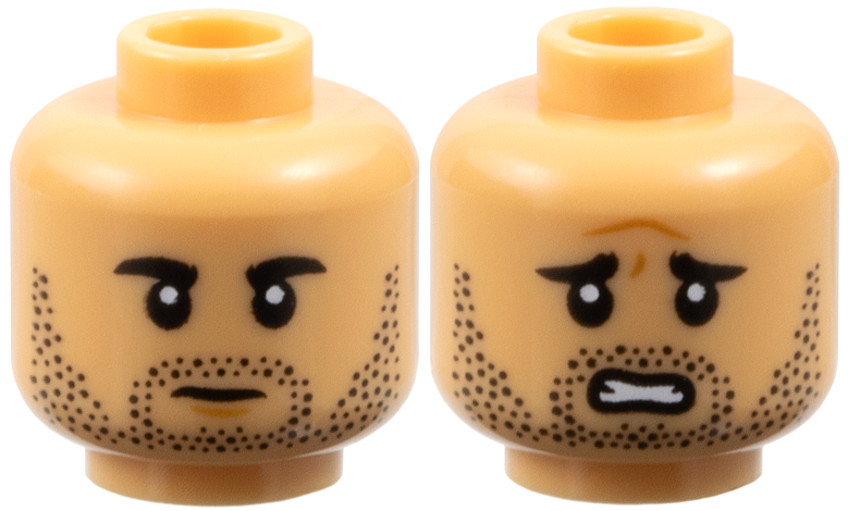 Minifigure, Head Dual Sided Black Eyebrows, Moustache, Stubble, Medium Nougat Chin Dimple, Stern / Worried Open Mouth with Teeth and Forehead Crease Pattern: {умерен тан}