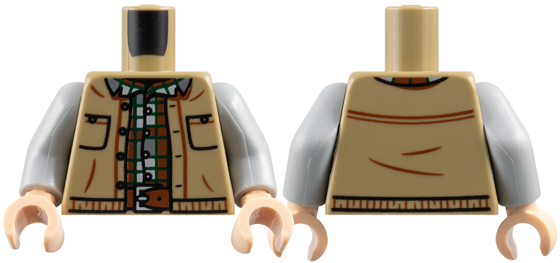 Torso Vest Open with Pockets, Reddish Brown, Dark Bluish Gray, Light Bluish Gray and Dark Green Plaid Shirt, Belt with Silver Buckle Pattern / Light Bluish Gray Arms / Light Nougat Hands: {пясъчно жълт}