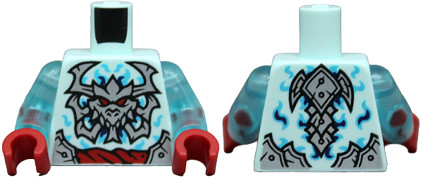 Torso Silver Armor Plates, Dragon Skull with Horns and Red Eyes, Rope Belt, Medium Azure and Dark Blue Swirls Pattern / Trans-Light Blue Arms / Red Hands: {аквамарин}