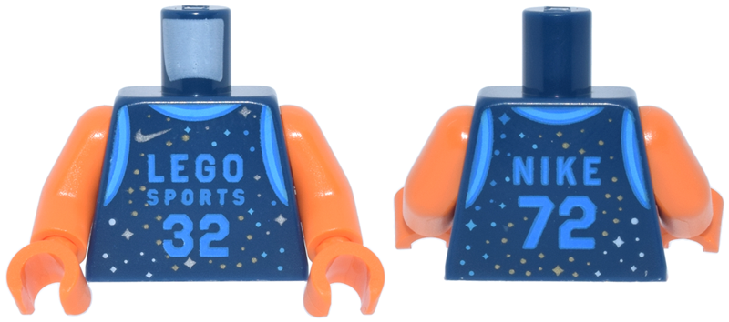 Torso Basketball Uniform with Dark Azure 'LEGO SPORTS 32' and 'NIKE 72' and Silver and Gold Sparkles and Swoosh Logo Pattern / Orange Arms / Orange Hands: {земно син}