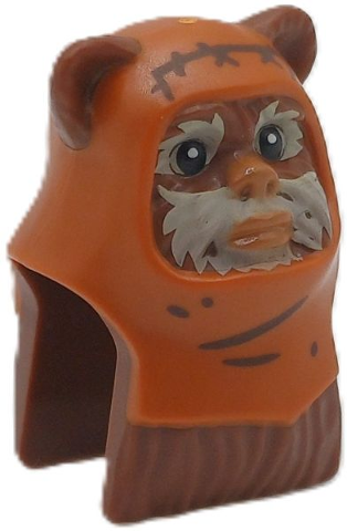 Minifigure, Head, Modified SW Ewok with Molded Dark Orange Hood and Printed Dark Brown Stitching and Wrinkles, Medium Nougat Lips and Nose, Tan Face Fur Pattern: {червеникаво-кафяв}