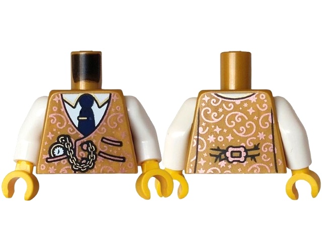 Torso Vest with Black Pockets, Copper Buckle, Curls, Dots and Sparkles, Gold Chain Watch over White Shirt, Dark Blue Tie with Clip Pattern / White Arms / Yellow Hands: {топло златист}