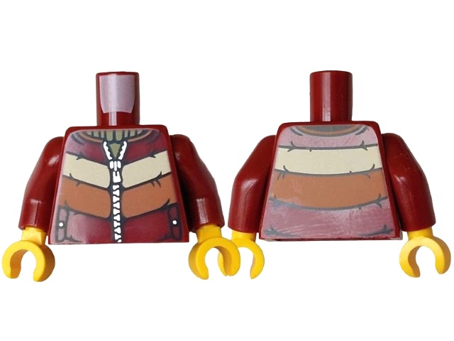 Torso Jacket with Dark Orange and Tan Stripes, Pockets, Silver Buttons and Zipper over Olive Green Sweater Pattern / Dark Red Arms / Yellow Hands: {нов тъмно червен}