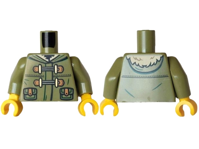 Torso Jacket with Hood, Tan Fur, Dark Green Trim, Pockets with Medium Nougat Leather Straps, Laces, Gold Toggle Buttons Pattern / Olive Green Arms / Yellow Hands: {маслинено зелен}