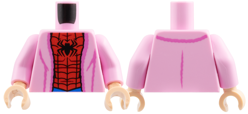 Torso Bathrobe with Dark Pink Hem and Creases, Red and Blue Spider-Man Costume, Black Spider and Webbing Pattern / Bright Pink Arms / Light Nougat Hands: {светло пурпурен}