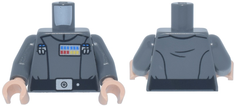 Torso SW Imperial Officer 21, Black Belt with Silver Buckle and Dot, Blue, Red and Yellow Rank Badge, 4 Code Cylinders, Folds on Back Pattern (Grand Moff Tarkin) / Dark Bluish Gray Arms / Light Nougat Hands: {тъмно каменно сив}