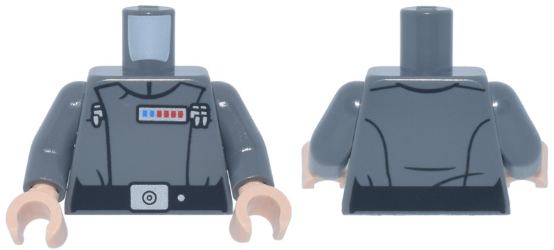 Torso SW Imperial Officer 22, Black Belt with Silver Buckle and Dot, Blue and Red Rank Badge, 3 Code Cylinders Pattern (Admiral Motti) / Dark Bluish Gray Arms / Light Nougat Hands: {тъмно каменно сив}