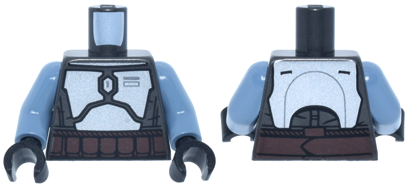 Torso SW Mandalorian Silver Armor Plates, Dark Brown Belt with Rope Edges and Pouches Pattern / Sand Blue Arms / Black Hands: {титаниево метален}