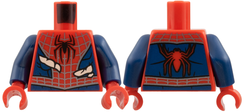 Torso Spider-Man Costume, Black Spider, Silver Webbing, Dark Blue Side Panels, Light Nougat Skin Behind Tears Pattern / Dark Blue Arms / Red Hands: {ярко червен}