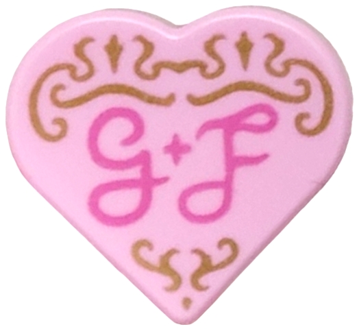 Tile, Round 1 x 1 Heart with Gold Filigree and Dark Pink Script 'G + F' Pattern: {светло пурпурен}